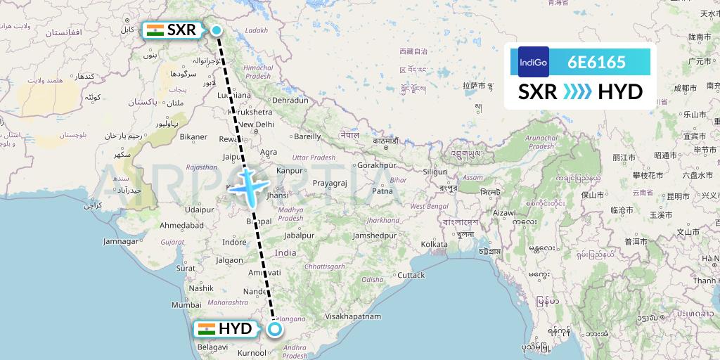 6E6165 IndiGo Airlines Flight Map: Srinagar to Hyderabad