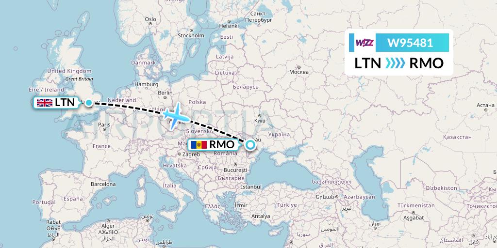W95481 Wizz Air UK Flight Map: London to Chisinau