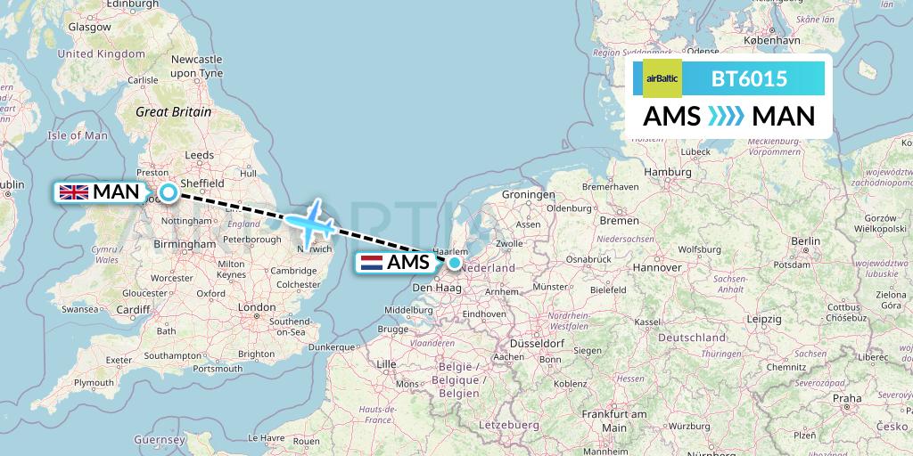 BT6015 Air Baltic Flight Map: Amsterdam to Manchester