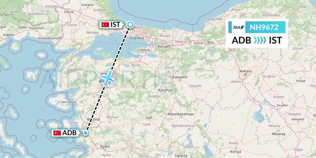 NH9672 All Nippon Airways Flight Map: Izmir to Istanbul