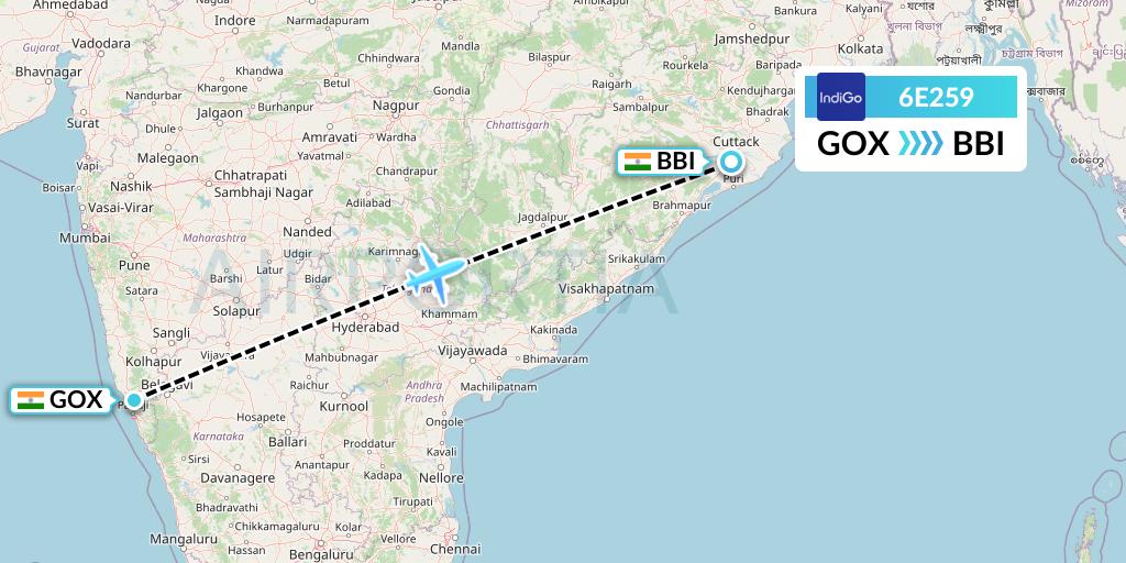 6E259 IndiGo Airlines Flight Map: Goa to Bhubaneswar