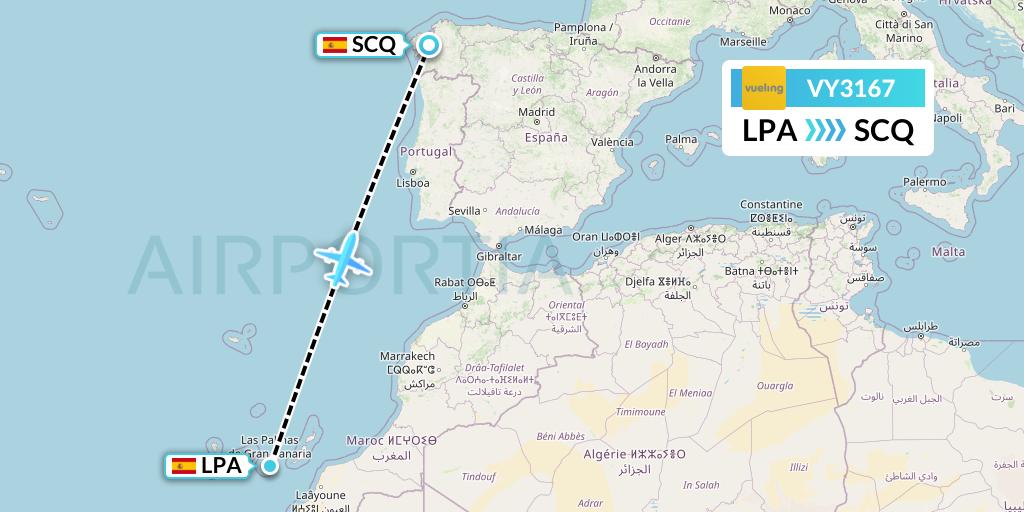VY3167 Vueling Flight Map: Las Palmas to Santiago