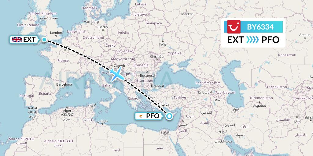 BY6334 TUI Airways Flight Map: Exeter to Pafos