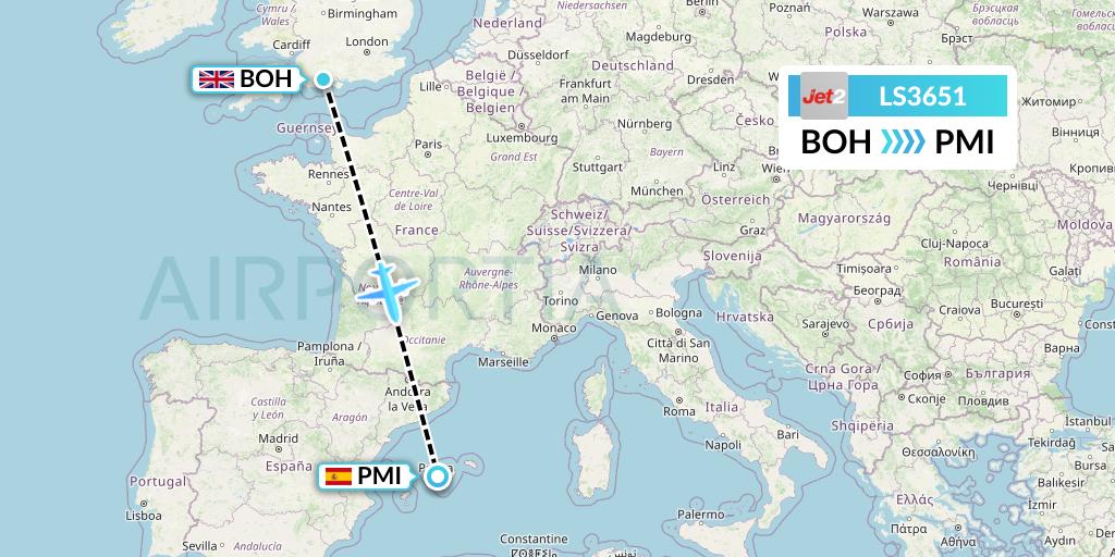 LS3651 Jet2 Flight Map: Bournemouth to Palma de Mallorca