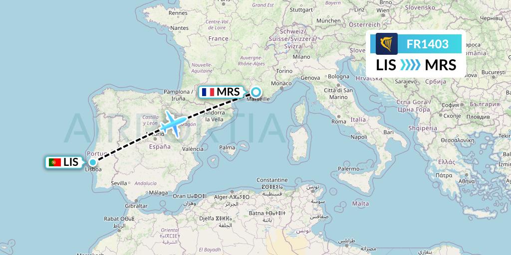 FR1403 Ryanair Flight Map: Lisbon to Marseille