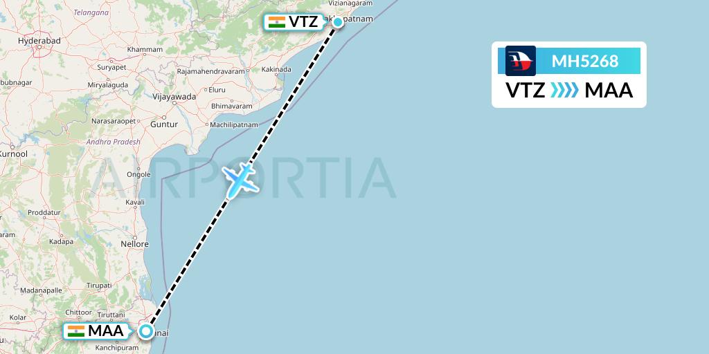 MH5268 Malaysia Airlines Flight Map: Visakhapatnam to Chennai
