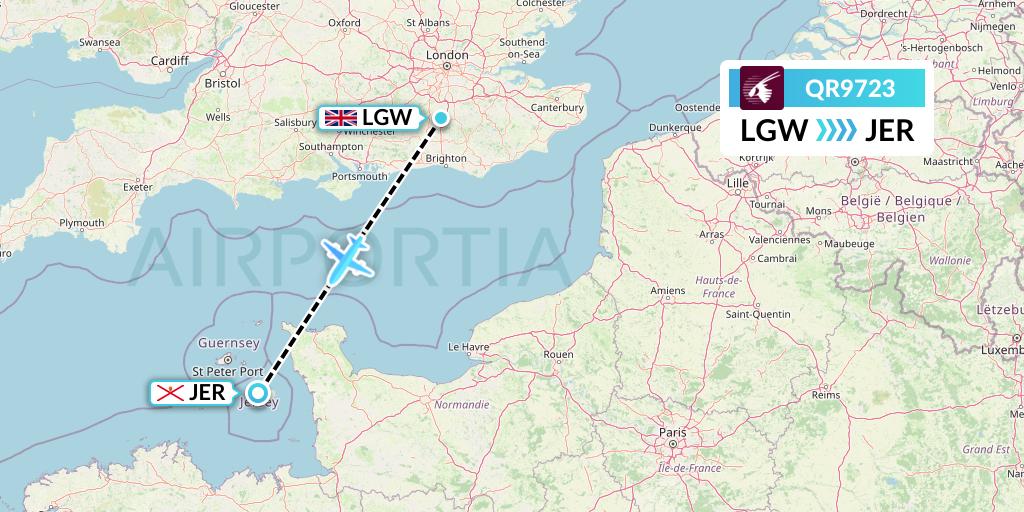 QR9723 Qatar Airways Flight Map: London to Jersey
