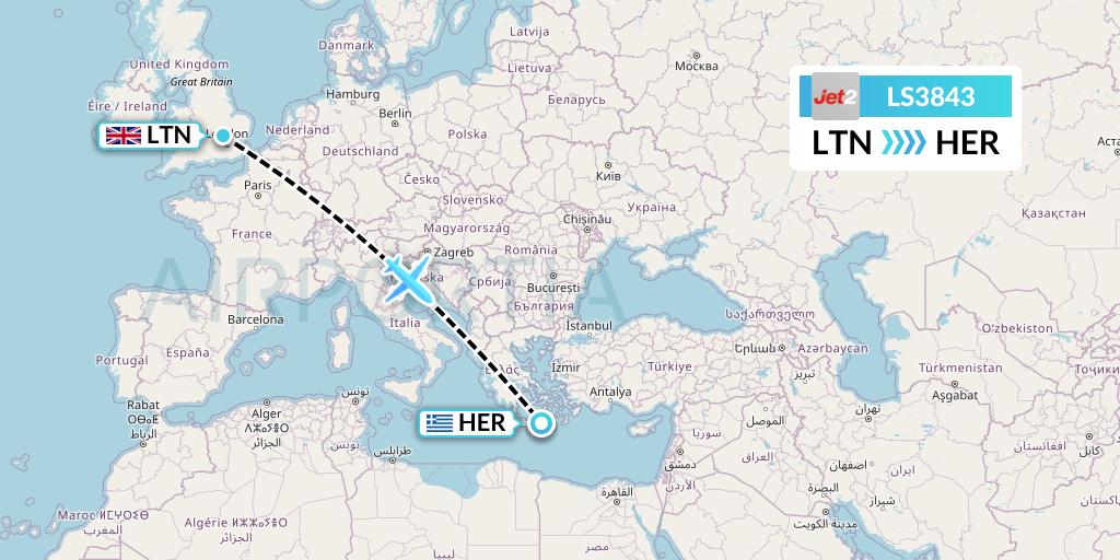 LS3843 Jet2 Flight Map: London to Heraklion