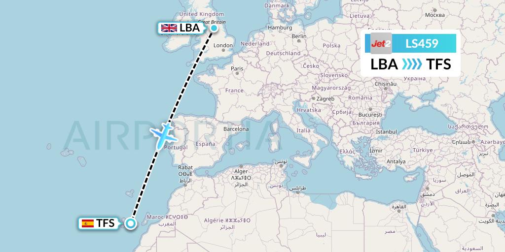 LS459 Jet2 Flight Map: Leeds to Tenerife