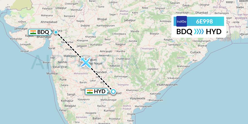 6E998 IndiGo Airlines Flight Map: Vadodara to Hyderabad