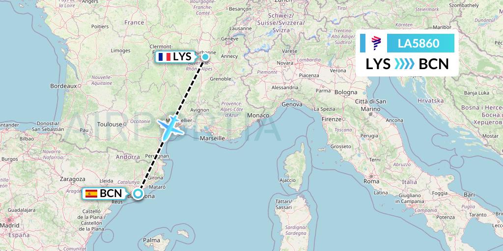 LA5860 LAN Airlines Flight Map: Lyon to Barcelona