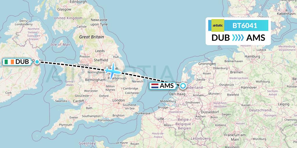 BT6041 Air Baltic Flight Map: Dublin to Amsterdam