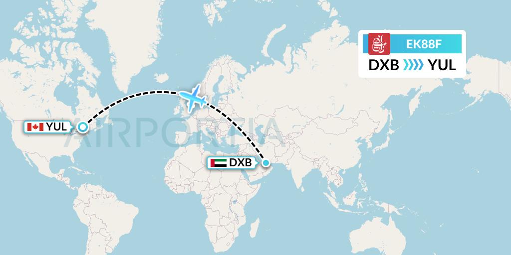 EK88F Emirates Flight Map: Dubai to Montreal