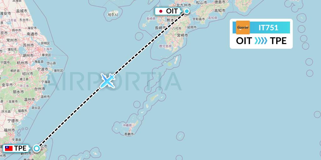 IT751 Tigerair Taiwan Flight Map: Oita to Taipei