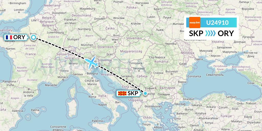 U24910 EasyJet Flight Map: Skopje to Paris