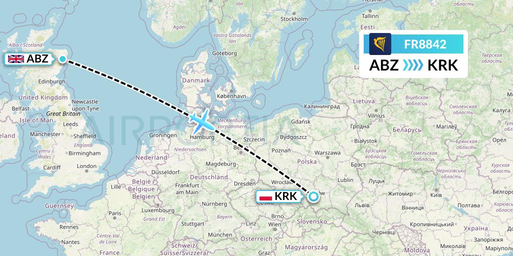 FR8842 Ryanair Flight Map: Aberdeen to Krakow
