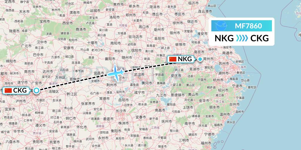 MF7860 Xiamen Airlines Flight Map: Nanjing to Chongqing