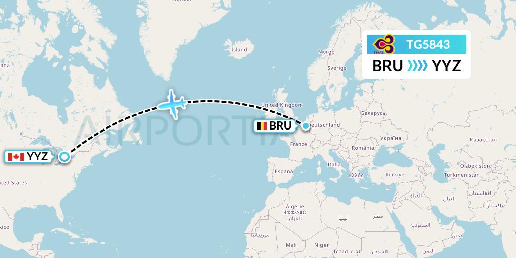 TG5843 Thai Airways Flight Map: Brussels to Toronto