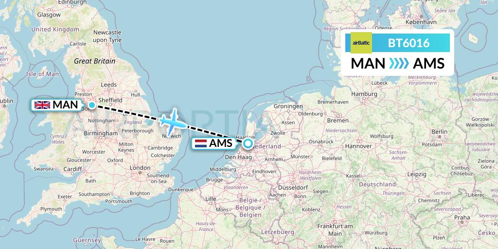 BT6016 Air Baltic Flight Map: Manchester to Amsterdam