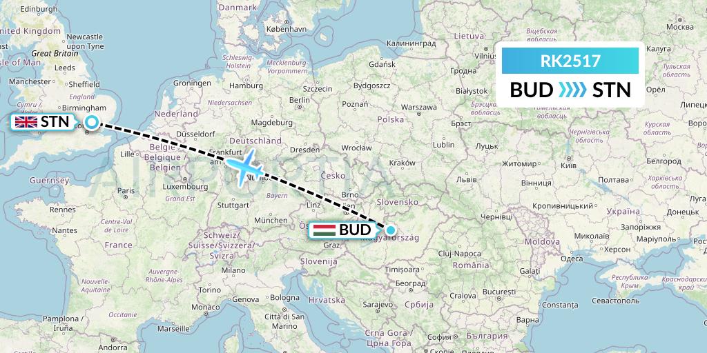 RK2517 Ryanair UK Flight Map: Budapest to London