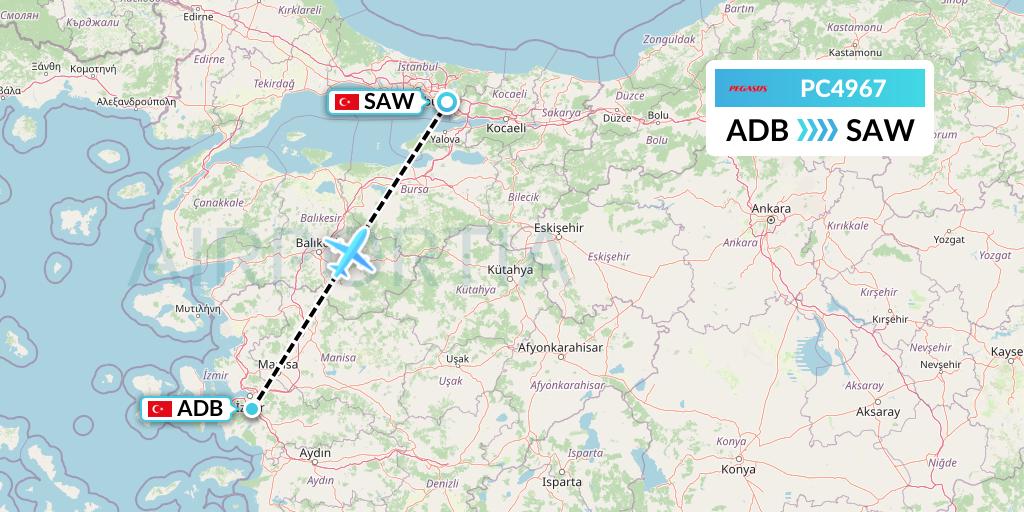 PC4967 Pegasus Airlines Flight Map: Izmir to Istanbul