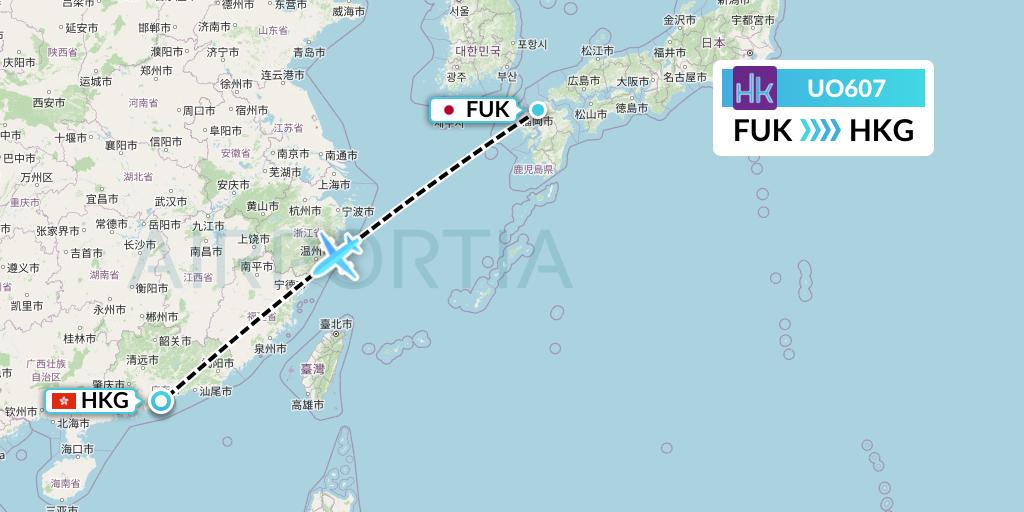 UO607 Hong Kong Express Flight Map: Fukuoka to Hong Kong