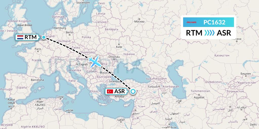PC1632 Pegasus Airlines Flight Map: Rotterdam to Kayseri