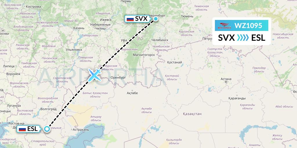 WZ1095 Red Wings Flight Map: Yekaterinburg to Elista