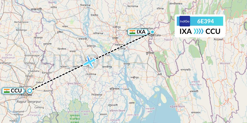 6E394 IndiGo Airlines Flight Map: Agartala to Kolkata