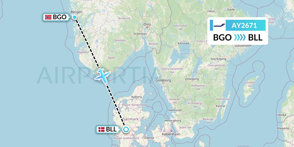 AY2671 Finnair Flight Map: Bergen to Billund