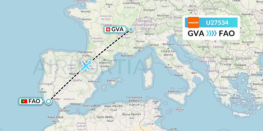 U27534 EasyJet Flight Map: Geneva to Faro