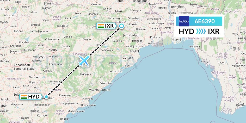 6E6390 IndiGo Airlines Flight Map: Hyderabad to Ranchi