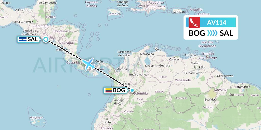 AV114 Avianca Flight Map: Bogota to San Salvador