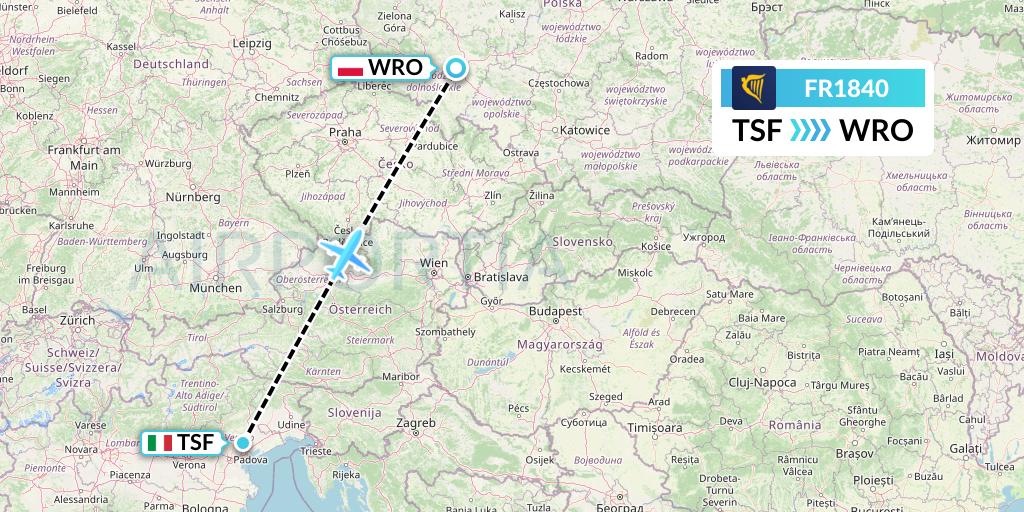 FR1840 Ryanair Flight Map: Treviso to Wroclaw