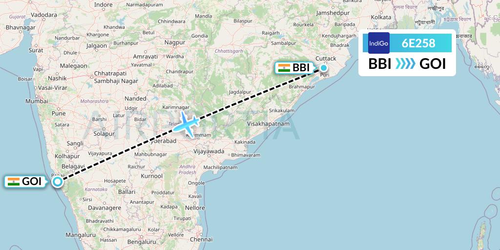 6E258 IndiGo Airlines Flight Map: Bhubaneswar to Goa