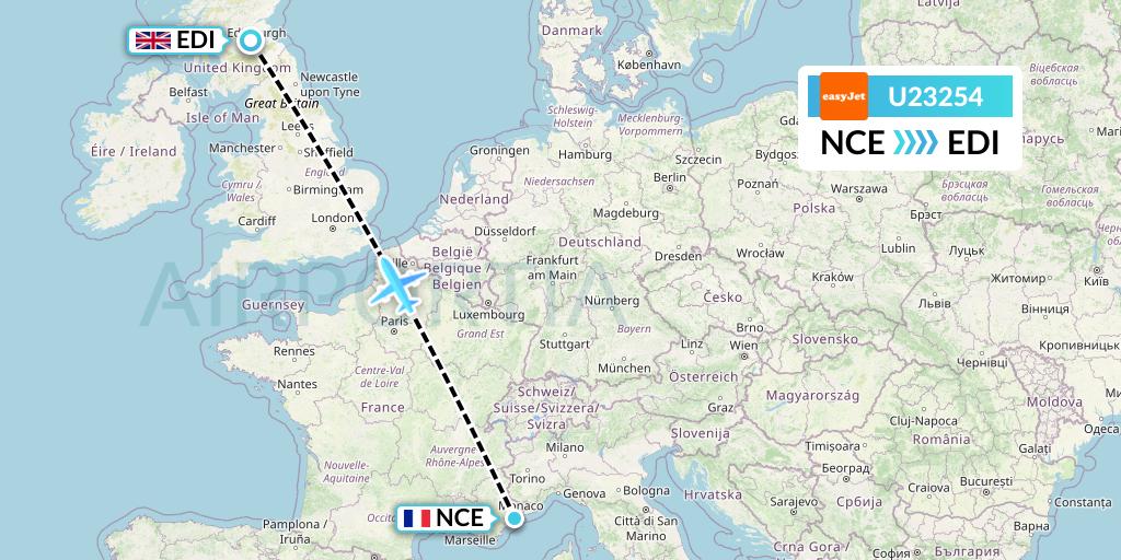 U23254 EasyJet Flight Map: Nice to Edinburgh