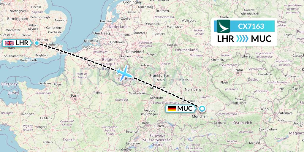 CX7163 Cathay Pacific Flight Map: London to Munich