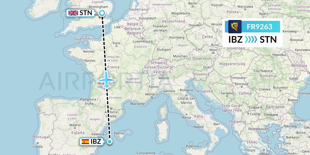 FR9263 Ryanair Flight Map: Ibiza to London