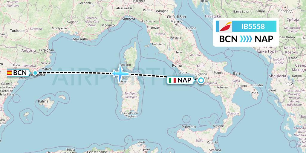 IB5558 Iberia Flight Map: Barcelona to Naples