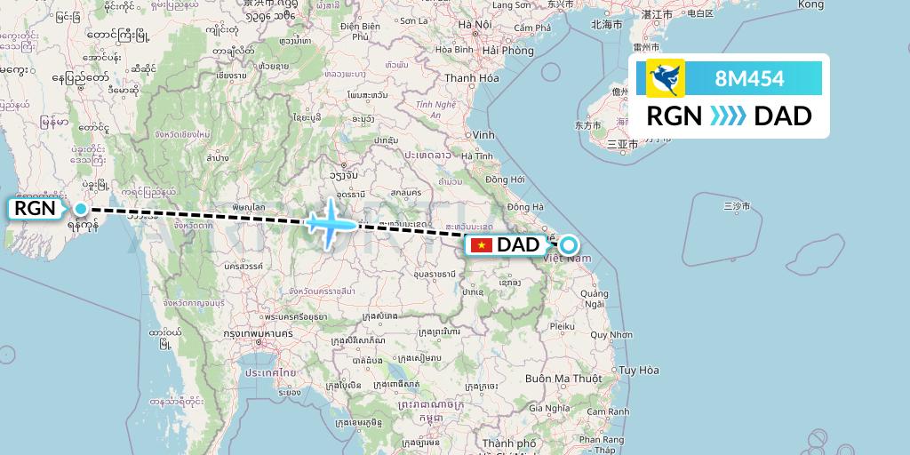 8M454 Myanmar Airways International Flight Map: Yangon to Da Nang