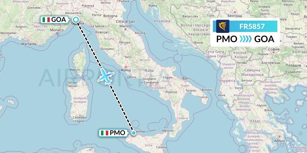 FR5857 Ryanair Flight Map: Palermo to Genoa