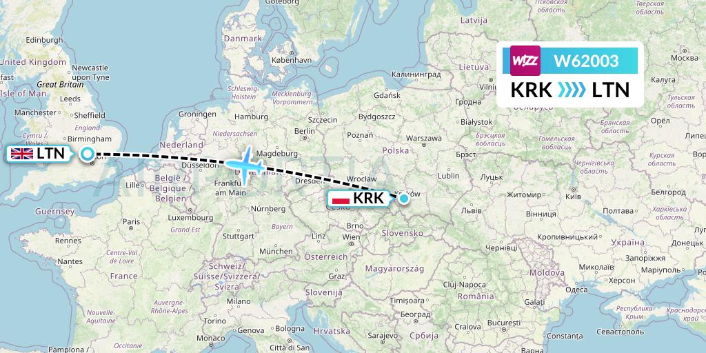 W62003 Wizz Air Flight Map: Krakow to London