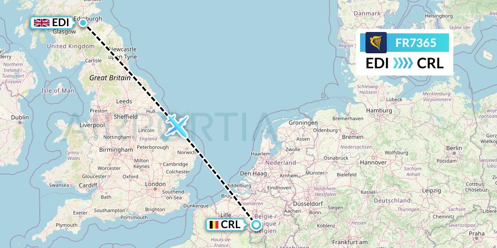 FR7365 Ryanair Flight Map: Edinburgh to Brussels