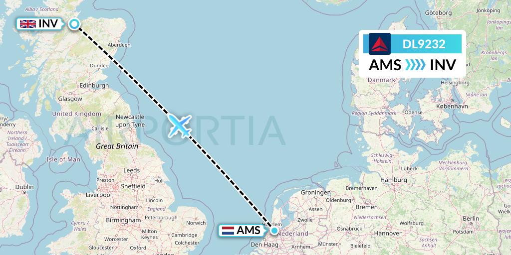 DL9232 Delta Air Lines Flight Map: Amsterdam to Inverness