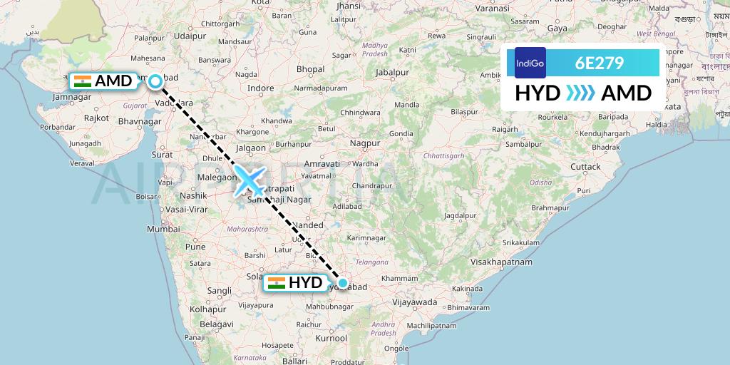 6E279 IndiGo Airlines Flight Map: Hyderabad to Ahmedabad