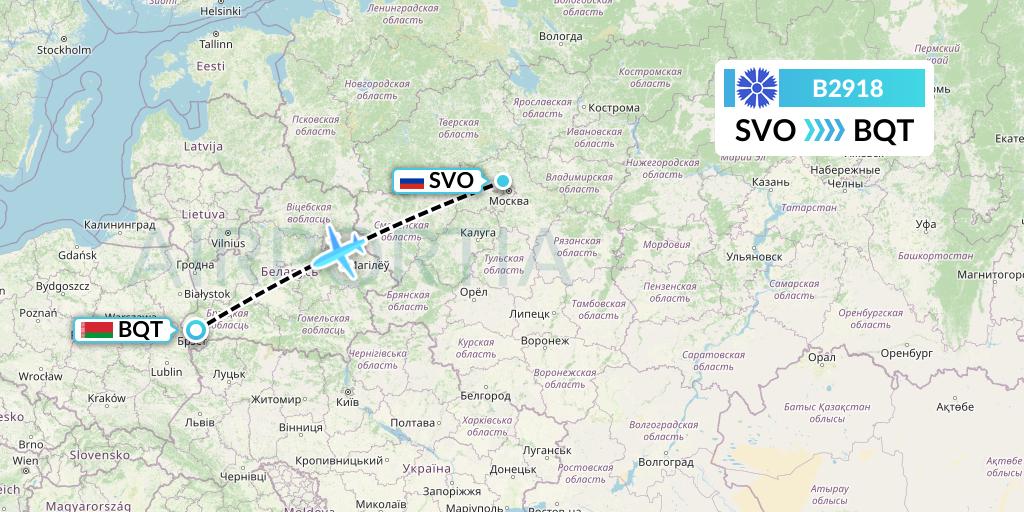 B2918 Belavia Flight Map: Moscow to Brest