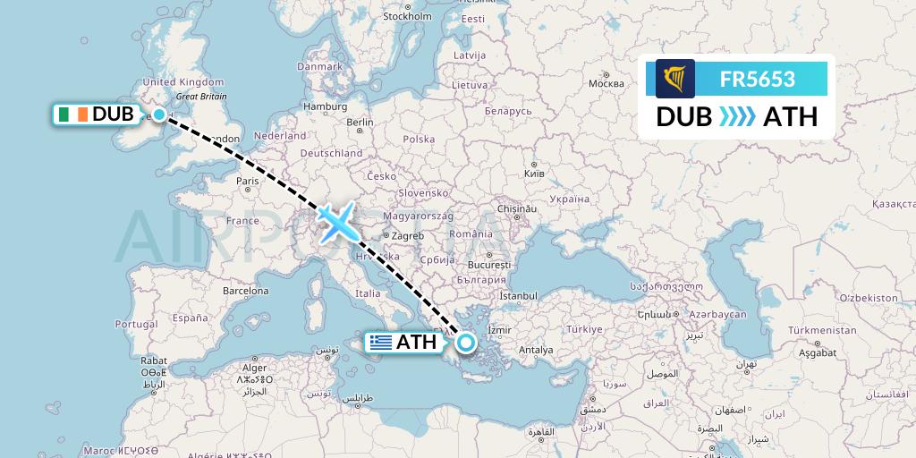 FR5653 Ryanair Flight Map: Dublin to Athens