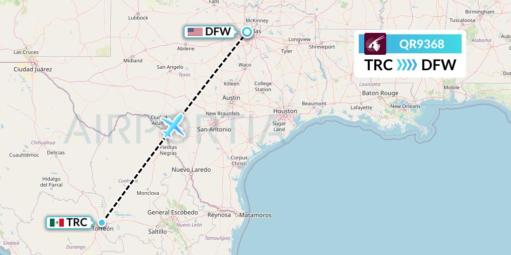 QR9368 Qatar Airways Flight Map: Torreon to Dallas
