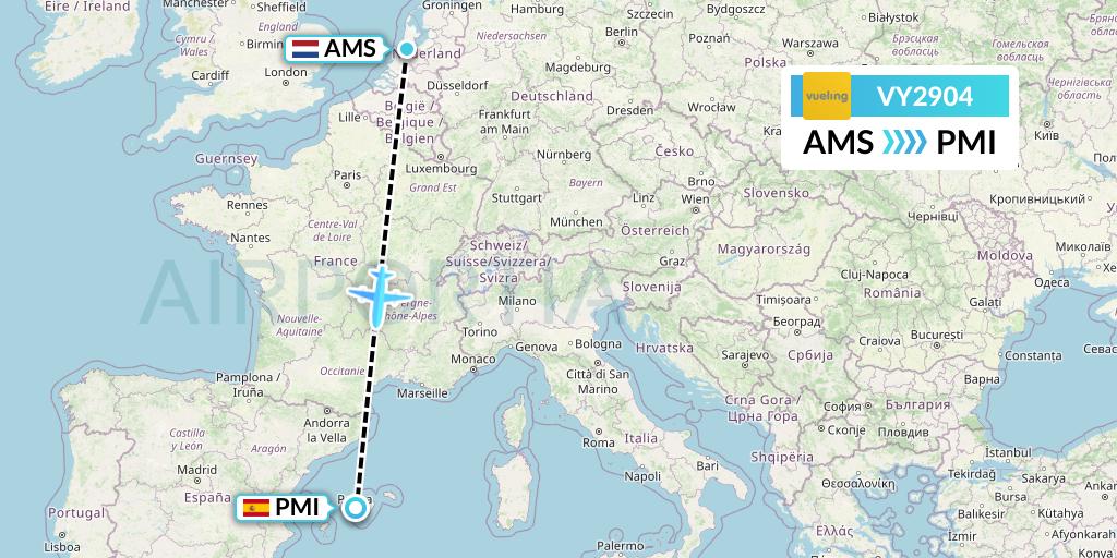 VY2904 Vueling Flight Map: Amsterdam to Palma de Mallorca
