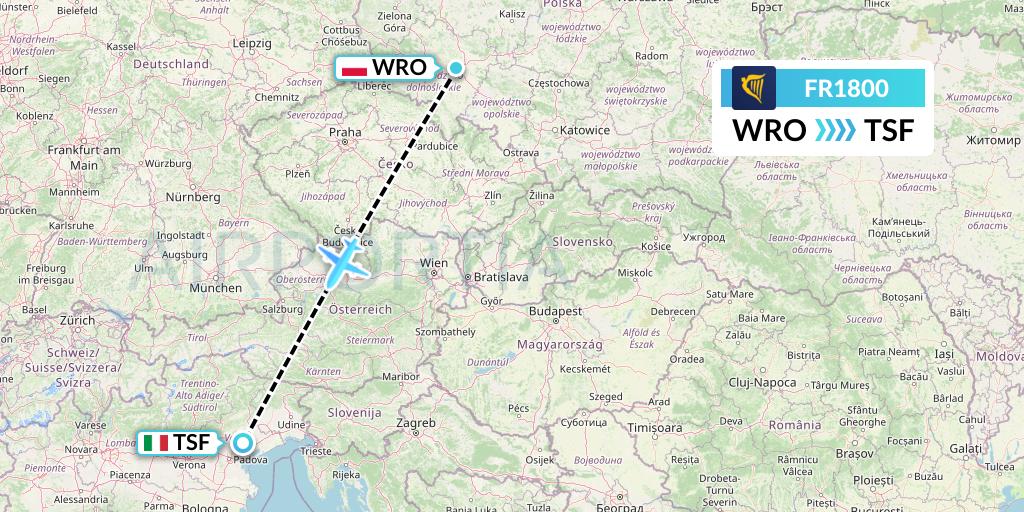 FR1800 Ryanair Flight Map: Wroclaw to Treviso